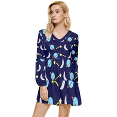 Space-pattern-colour Tiered Long Sleeve Mini Dress