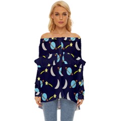 Space-pattern-colour Off Shoulder Chiffon Pocket Shirt