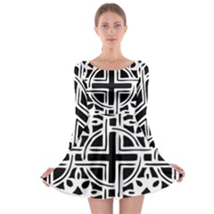 Black And White Geometric Geometry Pattern Long Sleeve Skater Dress