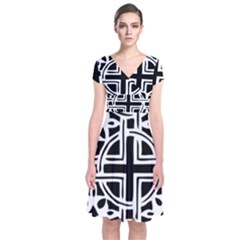 Black And White Geometric Geometry Pattern Short Sleeve Front Wrap Dress