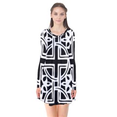 Black And White Geometric Geometry Pattern Long Sleeve V-neck Flare Dress