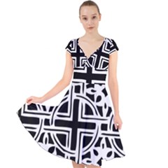 Black And White Geometric Geometry Pattern Cap Sleeve Front Wrap Midi Dress