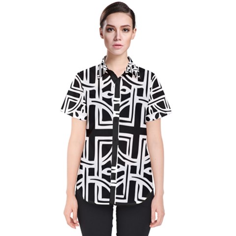 Black And White Geometric Geometry Pattern Women s Short Sleeve Shirt by Jancukart