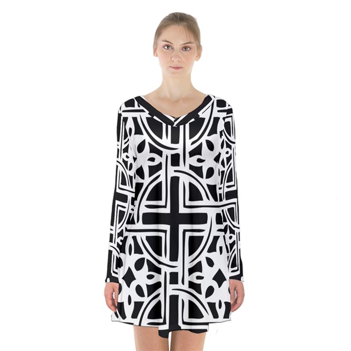 Black And White Geometric Geometry Pattern Long Sleeve Velvet V-neck Dress