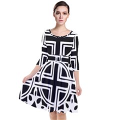 Black And White Geometric Geometry Pattern Quarter Sleeve Waist Band Dress