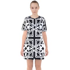 Black And White Geometric Geometry Pattern Sixties Short Sleeve Mini Dress