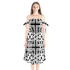 Black And White Geometric Geometry Pattern Shoulder Tie Bardot Midi Dress by Jancukart