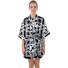 Black And White Geometric Geometry Pattern Half Sleeve Satin Kimono 