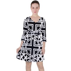 Black And White Geometric Geometry Pattern Quarter Sleeve Ruffle Waist Dress