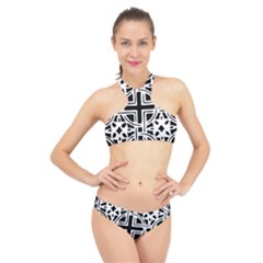 Black And White Geometric Geometry Pattern High Neck Bikini Set by Jancukart