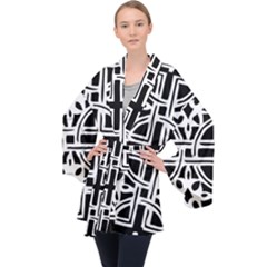 Black And White Geometric Geometry Pattern Long Sleeve Velvet Kimono 