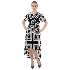 Black And White Geometric Geometry Pattern Front Wrap High Low Dress