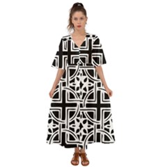 Black And White Geometric Geometry Pattern Kimono Sleeve Boho Dress