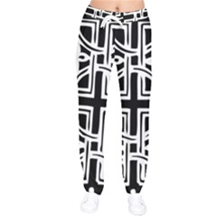 Black And White Geometric Geometry Pattern Women Velvet Drawstring Pants