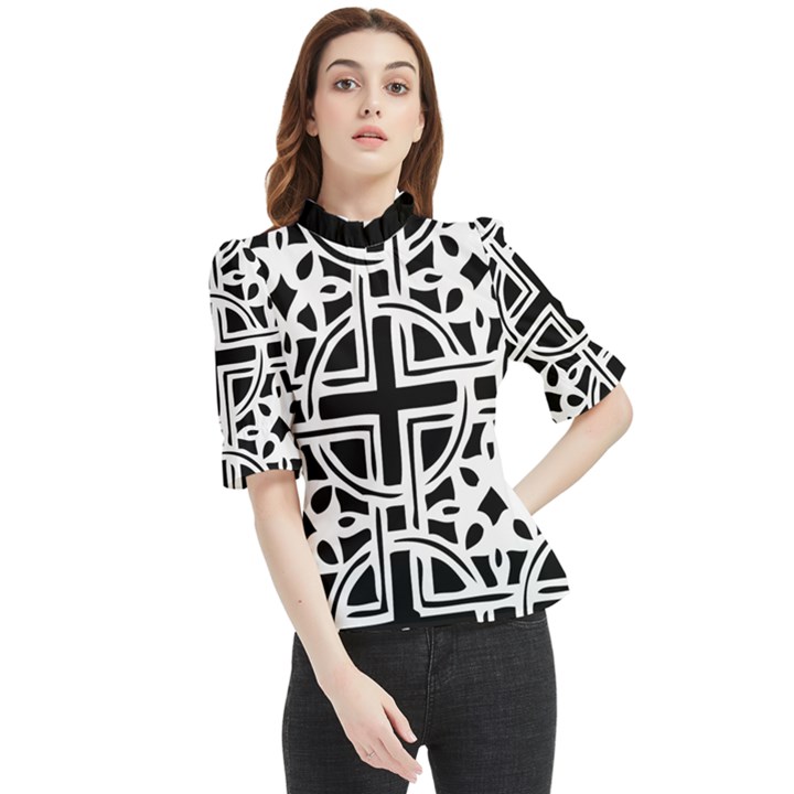 Black And White Geometric Geometry Pattern Frill Neck Blouse