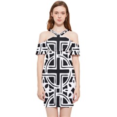 Black And White Geometric Geometry Pattern Shoulder Frill Bodycon Summer Dress