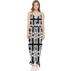 Black And White Geometric Geometry Pattern Sleeveless Tie Ankle Chiffon Jumpsuit