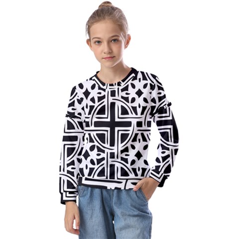 Black And White Geometric Geometry Pattern Kids  Long Sleeve Tee With Frill  by Jancukart