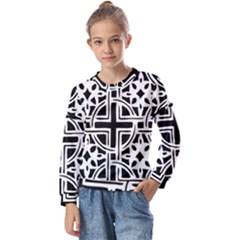 Black And White Geometric Geometry Pattern Kids  Long Sleeve Tee With Frill 