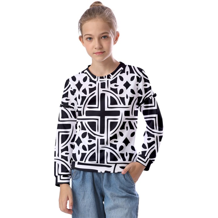 Black And White Geometric Geometry Pattern Kids  Long Sleeve Tee with Frill 