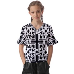 Black And White Geometric Geometry Pattern Kids  V-neck Horn Sleeve Blouse by Jancukart