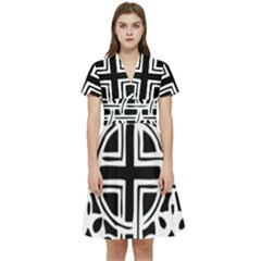 Black And White Geometric Geometry Pattern Short Sleeve Waist Detail Dress by Jancukart