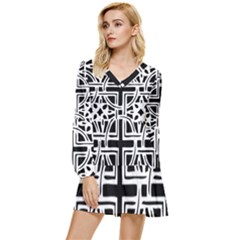 Black And White Geometric Geometry Pattern Tiered Long Sleeve Mini Dress