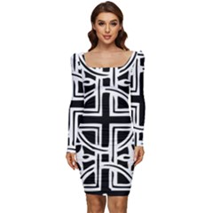 Black And White Geometric Geometry Pattern Women Long Sleeve Ruched Stretch Jersey Dress