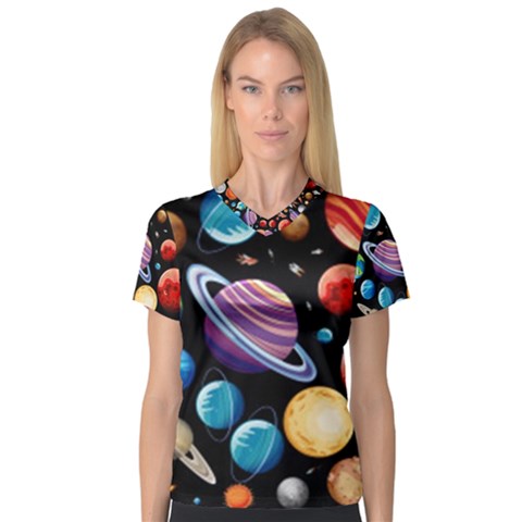 Background-with-many-planets-space V-neck Sport Mesh Tee by Jancukart