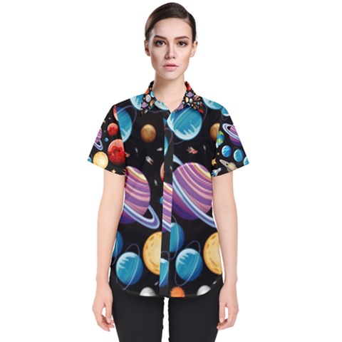 Background-with-many-planets-space Women s Short Sleeve Shirt by Jancukart