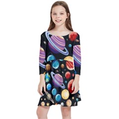 Background-with-many-planets-space Kids  Quarter Sleeve Skater Dress by Jancukart