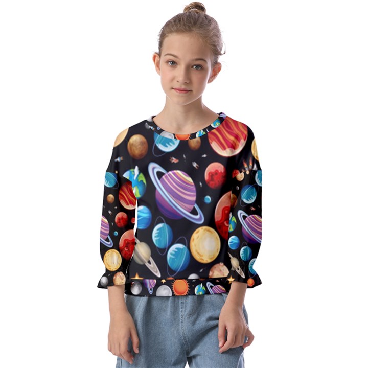 Background-with-many-planets-space Kids  Cuff Sleeve Top