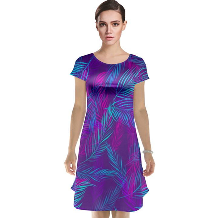 Leaf-pattern-with-neon-purple-background Cap Sleeve Nightdress