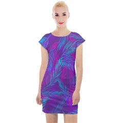 Leaf-pattern-with-neon-purple-background Cap Sleeve Bodycon Dress