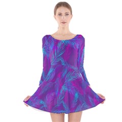 Leaf-pattern-with-neon-purple-background Long Sleeve Velvet Skater Dress