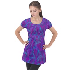 Leaf-pattern-with-neon-purple-background Puff Sleeve Tunic Top