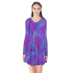 Leaf-pattern-with-neon-purple-background Long Sleeve V-neck Flare Dress