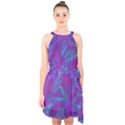 Leaf-pattern-with-neon-purple-background Halter Collar Waist Tie Chiffon Dress View1