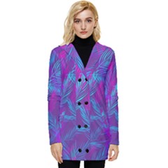 Leaf-pattern-with-neon-purple-background Button Up Hooded Coat 