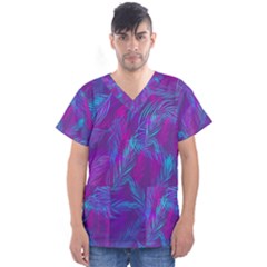 Leaf-pattern-with-neon-purple-background Men s V-neck Scrub Top