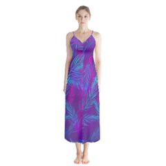 Leaf-pattern-with-neon-purple-background Button Up Chiffon Maxi Dress