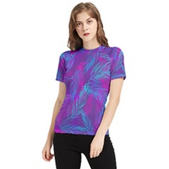 Leaf-pattern-with-neon-purple-background Women s Short Sleeve Rash Guard