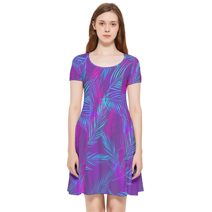 Leaf-pattern-with-neon-purple-background Inside Out Cap Sleeve Dress