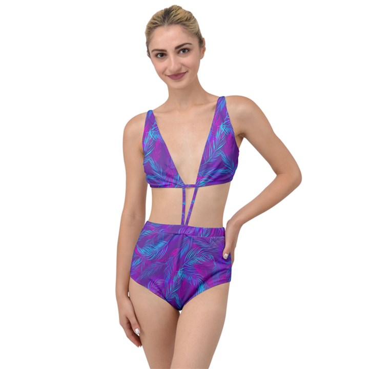 Leaf-pattern-with-neon-purple-background Tied Up Two Piece Swimsuit