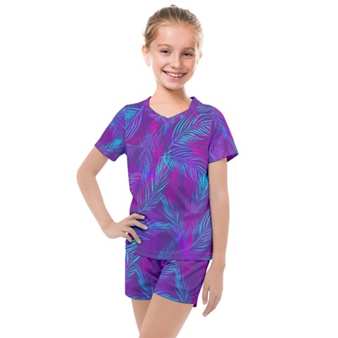 Leaf-pattern-with-neon-purple-background Kids  Mesh Tee And Shorts Set by Jancukart