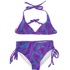 Leaf-pattern-with-neon-purple-background Kids  Classic Bikini Set