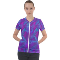 Leaf-pattern-with-neon-purple-background Short Sleeve Zip Up Jacket