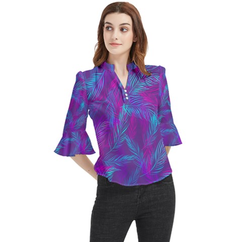 Leaf-pattern-with-neon-purple-background Loose Horn Sleeve Chiffon Blouse by Jancukart