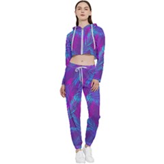 Leaf-pattern-with-neon-purple-background Cropped Zip Up Lounge Set by Jancukart