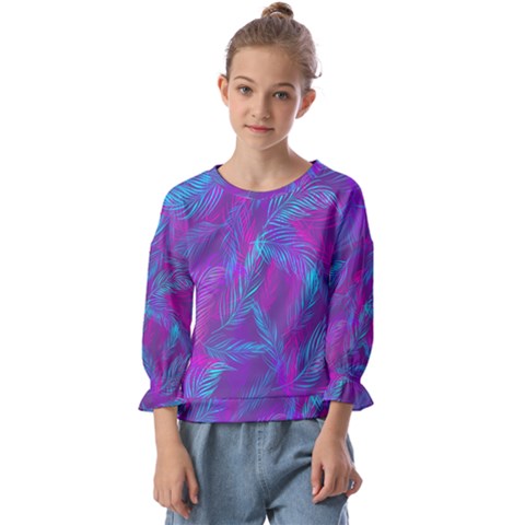 Leaf-pattern-with-neon-purple-background Kids  Cuff Sleeve Top by Jancukart